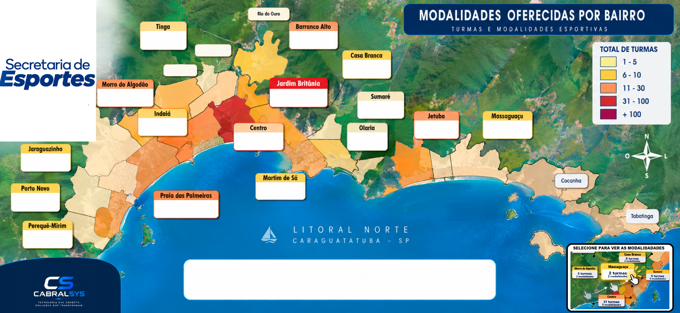 Mapa ilustrativo das modalidades esportivas de Caraguatatuba